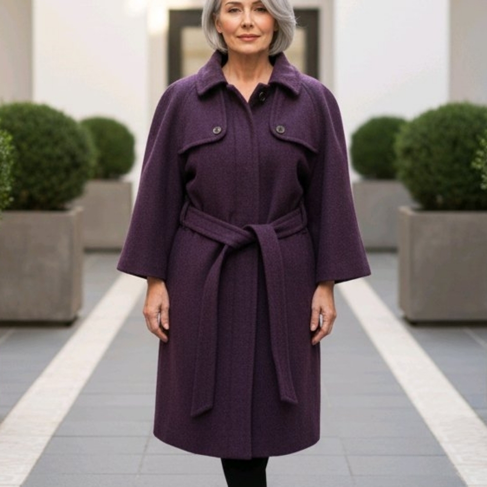 GAP Women's Purple Wool Blend Pea Coat Size XL Jacket Belted 3/4 Sleeve